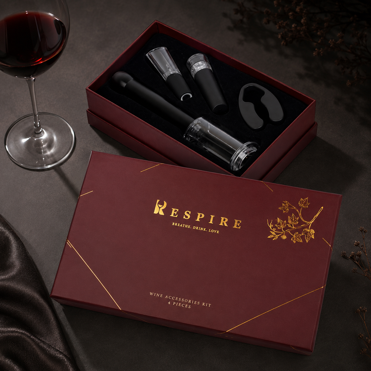 4-Piece Wine Accessories Kit - Burgundy